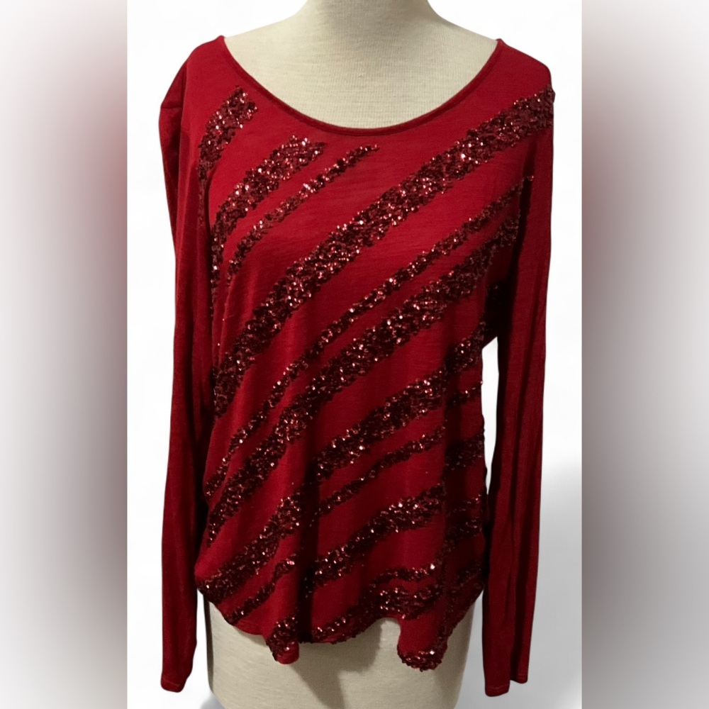 Coldwater Creek Red Sequin Diagonal Stripe Long Sleeve Top Women’s Size XL (16)